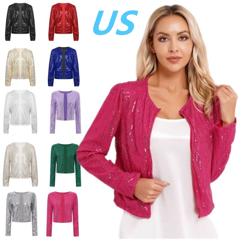 US Womens Sparkle Sequin Jacket Cardigan Long Sleeve Bolero Shrug Blazer Outwear