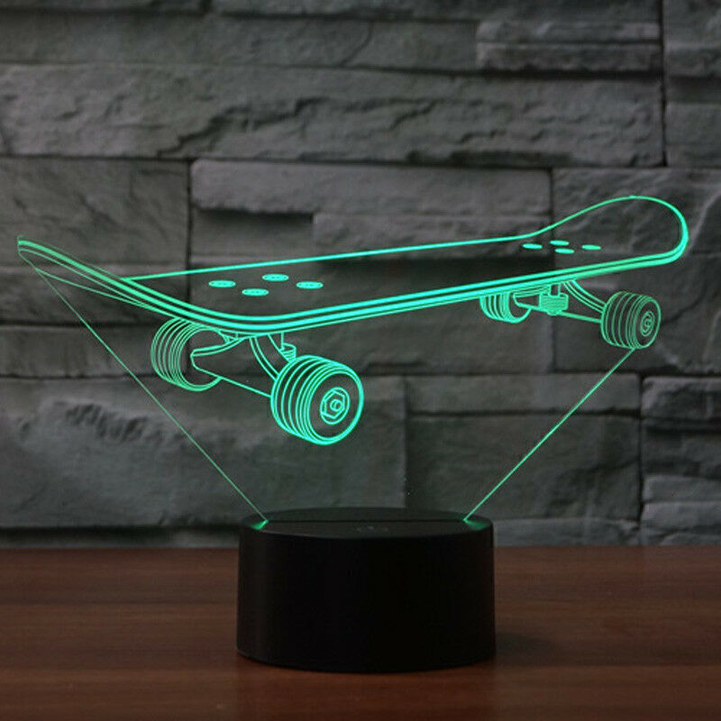 Table Desk Lamp Home Kids Gift Skateboard USB Charger LED 3D 7 Color Night Light