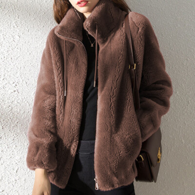 Ladies Fuffy With Pockets Sherpa Jackets Women Holiday Drawstring Full Zip