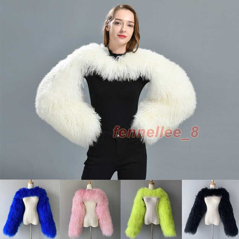 ひつじ Womens Real Mongolian Lamb Sheep Sleeve Coat Tops Curly Fur