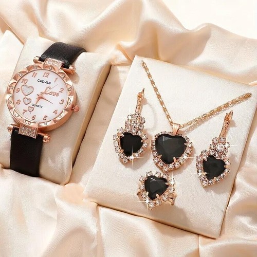 Reloj negro 5pieza mujer diamantes imitación cuarzo forma corazón collar joyería