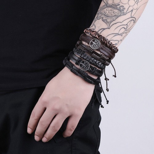 6Pcs Set Braided Leather  Rope Bracelet Set Wristband Bangle Tribal Men Women