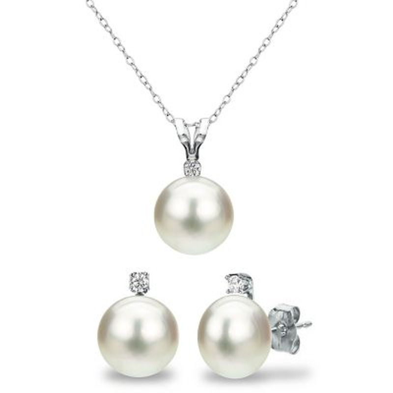 7-7.5MM Freshwater Pearl and Diamond Pendant and Ear Set
