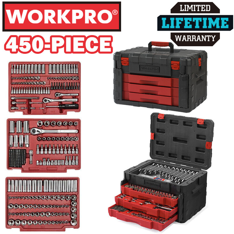 WORKPRO 450PC Mechanics Tool Set Automotive Tool Kit 3Drawer Heavy Duty Case Box