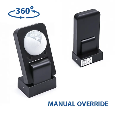 360 PIR Motion Sensor Black Wall Outdoor LED Manual Override IP65 Light Switch