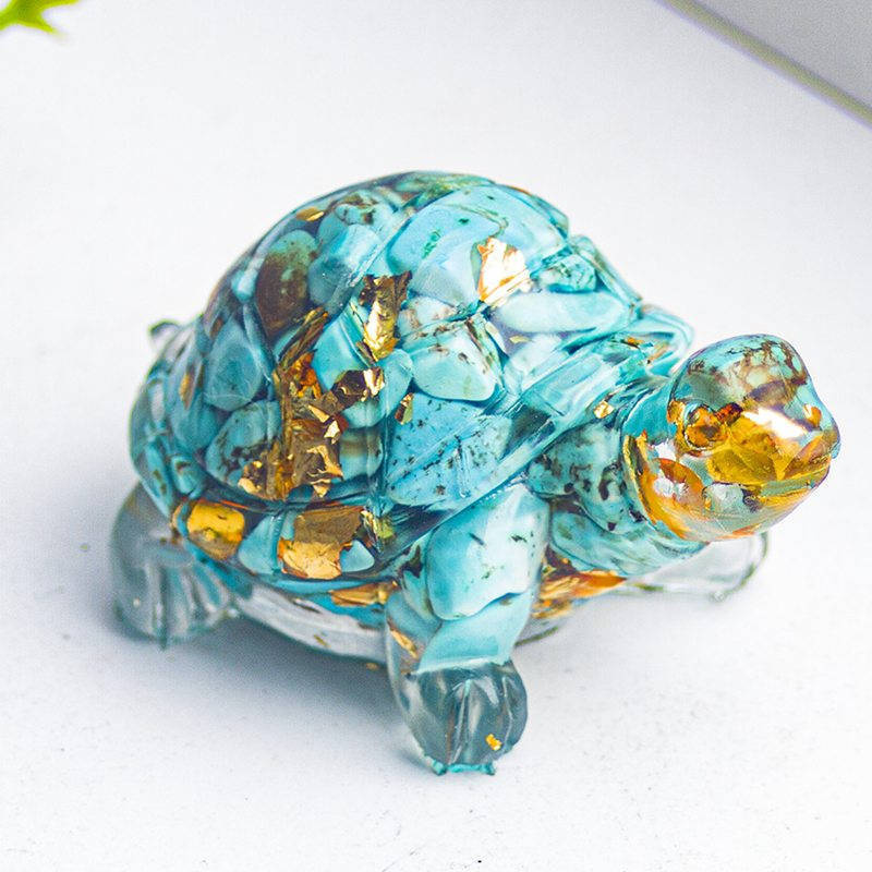 Natural Turquoise Quartz Crystal Longevity Turtle Carved Chip Stone Resin