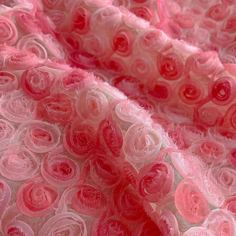 130cm Width Gradient Color 3D Rose Flower Mesh Fabric Tulle Material for Clothes