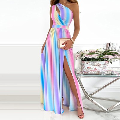 Damen Elegant Abendkleid Partykleid Schulterkleid Schlitz Ballkleid Clubwear -