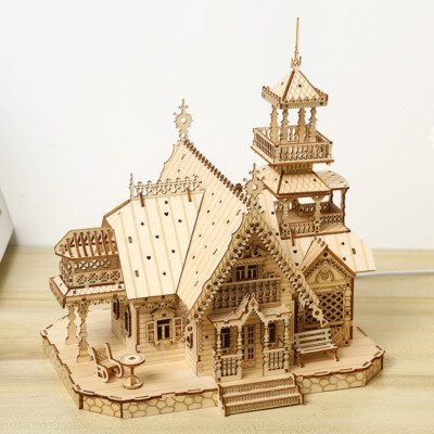  DIY 3D Wooden Jigsaw Puzzles for Adults Kids Illuminated Villa Building Kits
