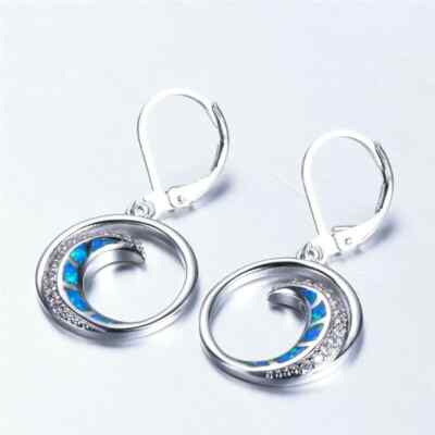 Silver Plated Blue Simulated Opal Moon Dangle Hoop Stud Earrings Party Jewelry