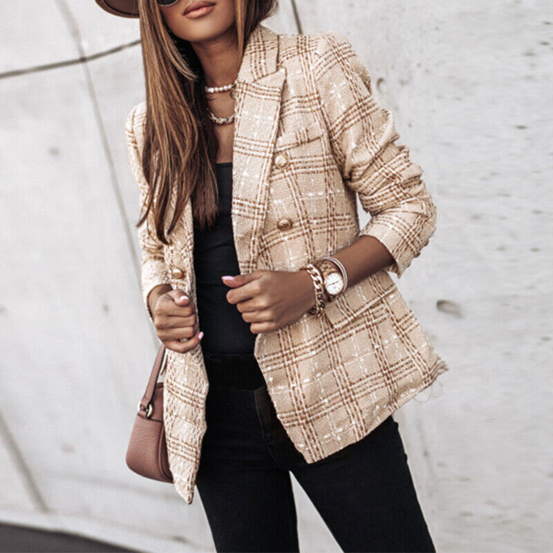 Women's Long Sleeve Plaid Blazer Suit Jacket Ladies Double Breasted Formal Coat