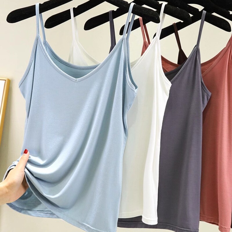 Ladies Womens Stretch Modal Cami Vest Strappy Sleeveless Built in Bra Black Soft