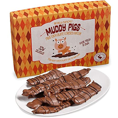 ''Muddy Pigs'' Chocolate Covered Bacon Strips - 7 Ounce Box - 12 Hickory Smoked Ba