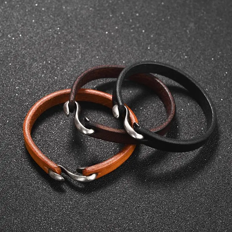 Men's Genuine Leather Cuff Bracelet Retro Black Brown Orange Hook Wristband