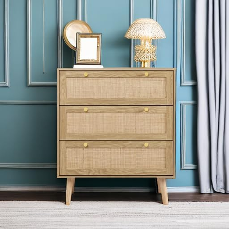 Rattan Dresser for Bedroom, Modern Wood 3 Drawer Dresser Chest of Drawer with Ra