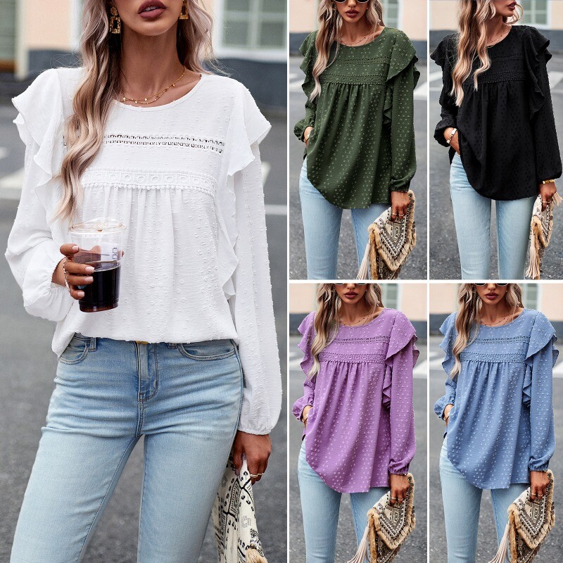 Women Ruffle Lace Blouse Shirt Top Loose Casual Long Sleeve Fashion White