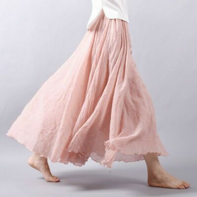 Women Linen Pleated Maxi Long Skirt Gypsy Hippie Beach Dress Double Layer White
