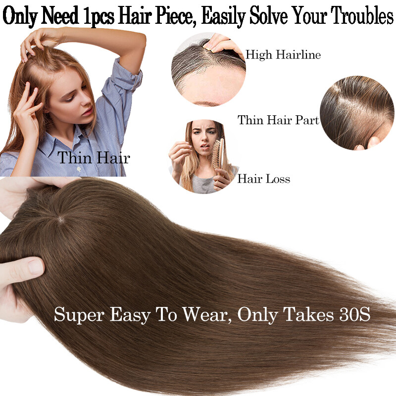 100% Remy Human Hair Topper Toupee Clip In Top Hairpiece with Bangs Mono Base