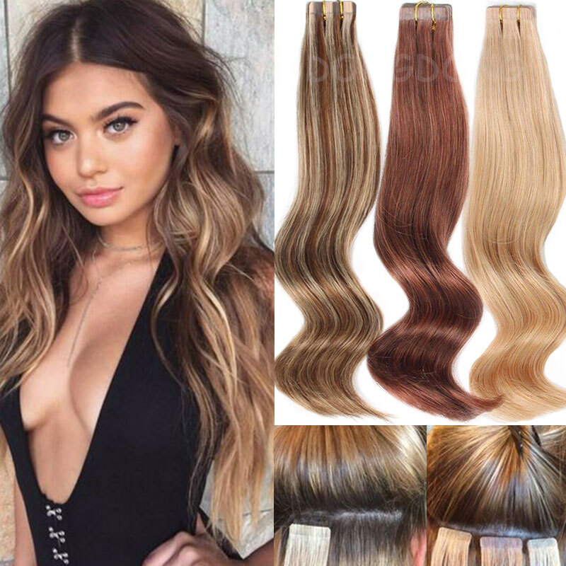 Thick Russian Tape In Remy Human Hair Extensions Full Head Skin Weft Ombre Color