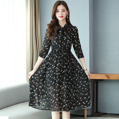 Korean Fashion Women Chiffon Long Dress Slim Fit Floral Printing A-line ...