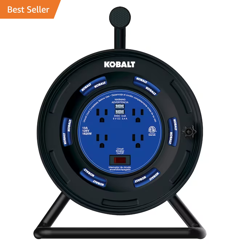 4-Outlet  Black/Blue Cord Reel 2-Usb W/80Ft 14/3 Sjtw Ext Cord