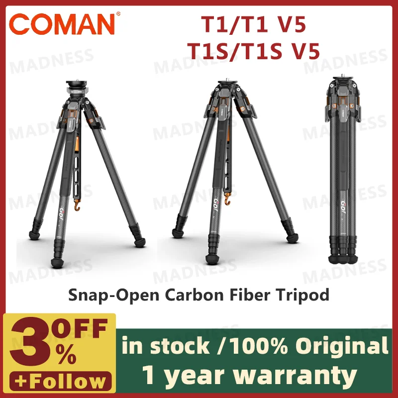 - T1/T1S/T1S V5 Snap-Open Carbon Fiber Video and Photo Tripod 4 Section Legs Adj
