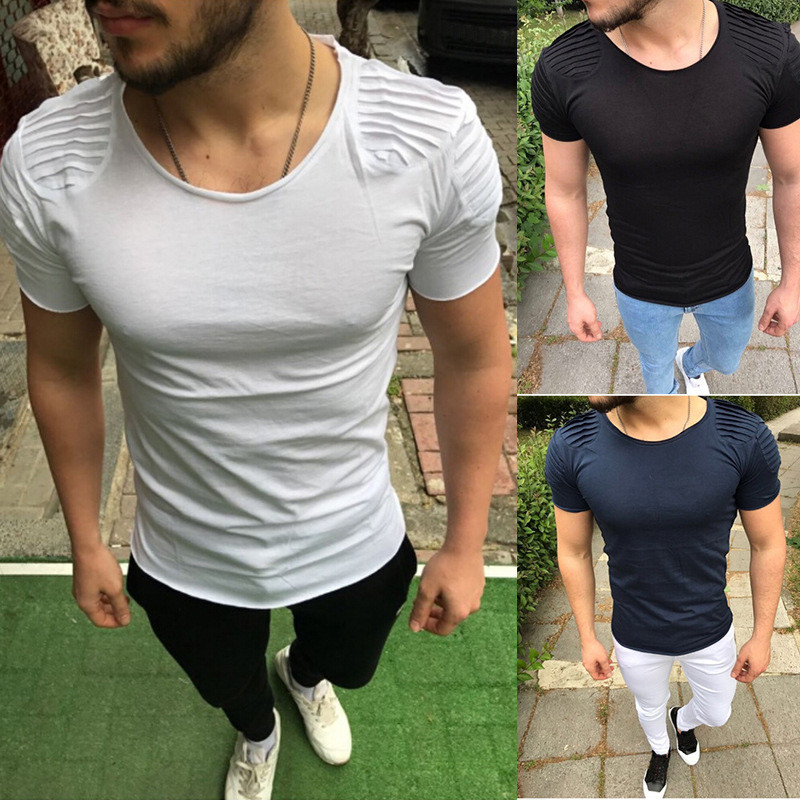 Men Pleated Shoulder Short Sleeve T-shirt Slim Fit Biker Top Tee Shirt Punk Rock
