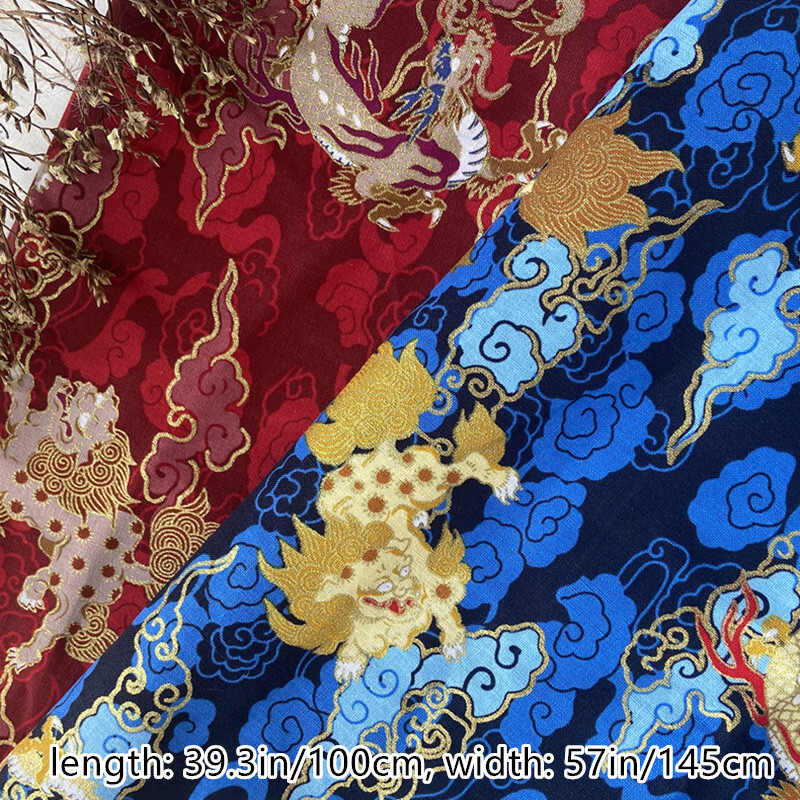 Cotton Fabric Cloth Chinese Dragon Printed for Costume Handmade Craft DIY 1M