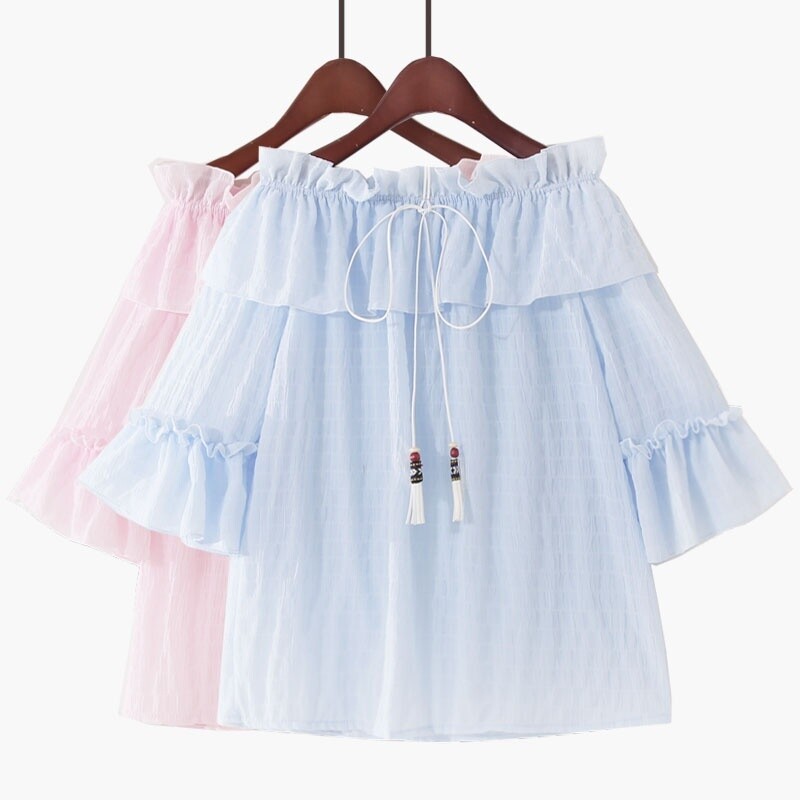 Women Chiffon Off-shoulder T-shirt Ruffle Loose Blouse Top Casual Lolita Cute