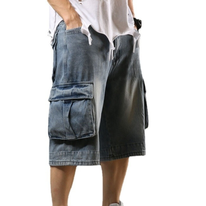 Herren Hip Hop Denim Shorts 3/4 Länge Jeans Locker Cargo Tasche Arbeit Freizeit