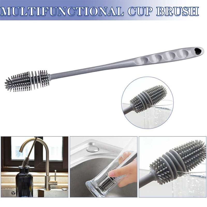 Long Handle Silicone Bottle Brush Cup Scrubber Kitchen Glass E