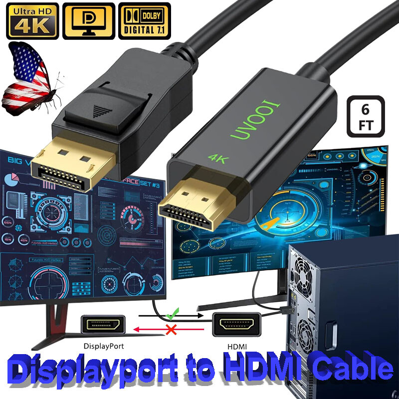 6FT 4K Displayport to HDMI Cable Converter Adapter Male to Male for PC HP/DELL A