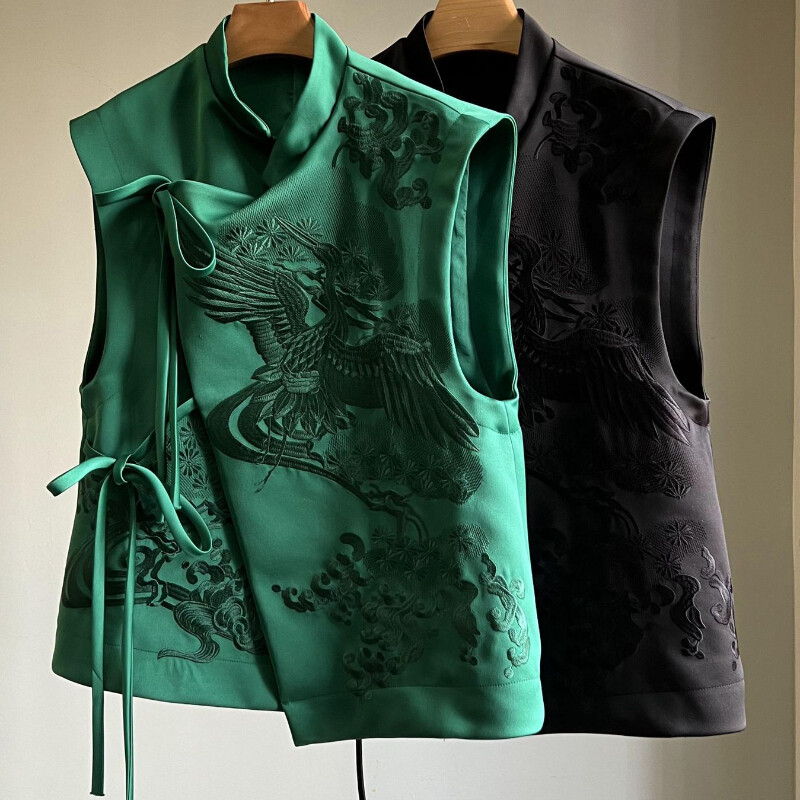 Women Ethnic Vest Tank Top Waistcoat Coat Embroidery Crane Mandarin Collar