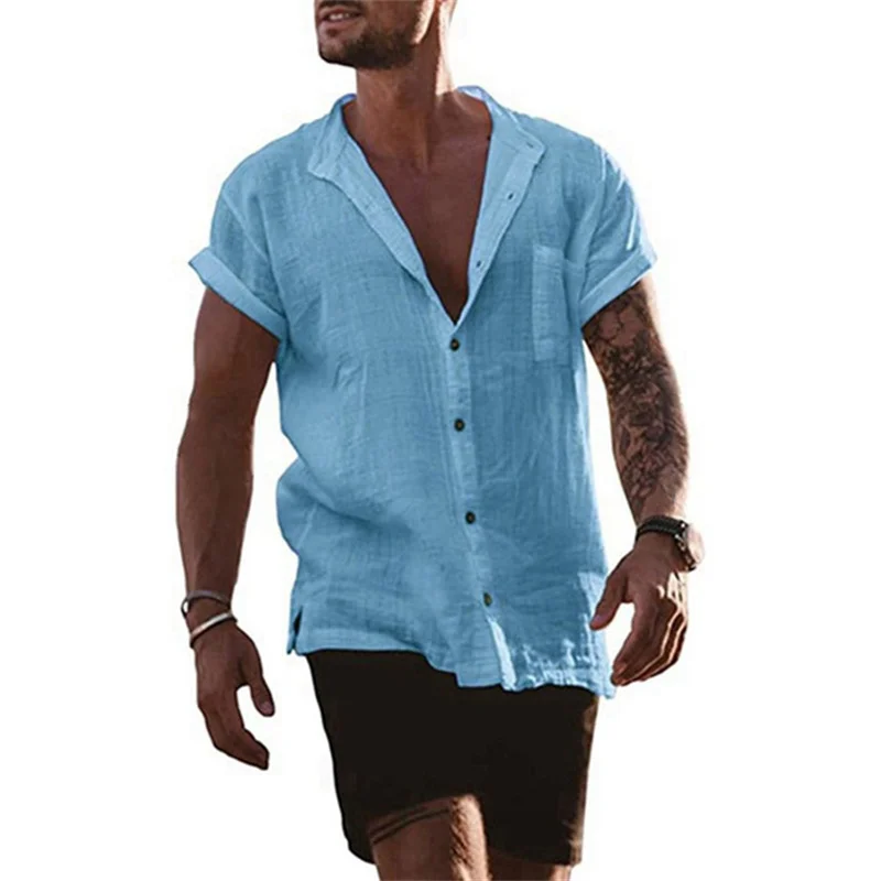 Cotton Linen Hot Sale Men'S Short-Sleeved Shirts Summer Solid Color Stand-Up Col
