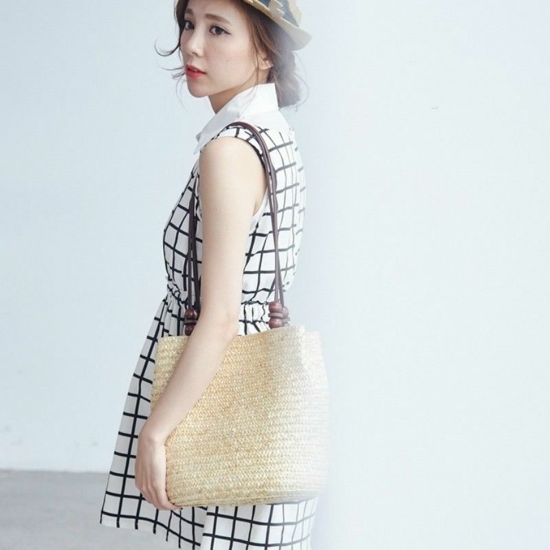 Handmade Women Straw Woven Beach Tote Summer Shoulder Bag Shopping Handbag Green