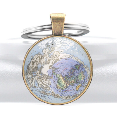 Flat Earth Moon Map Pendant Keychain German UN Ice Wall Antarctica Key Ring Gift