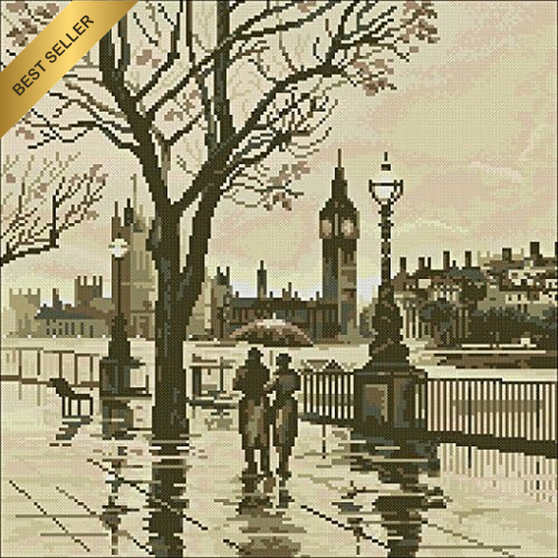 London in the Rain Cross Stitch Kit,Egypt Cotton Thread 14Ct,43X43Cm Cross Stitc