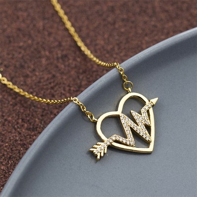 Gold Heart Necklace with heartbeat cardio line arrow with zirconia new pendant