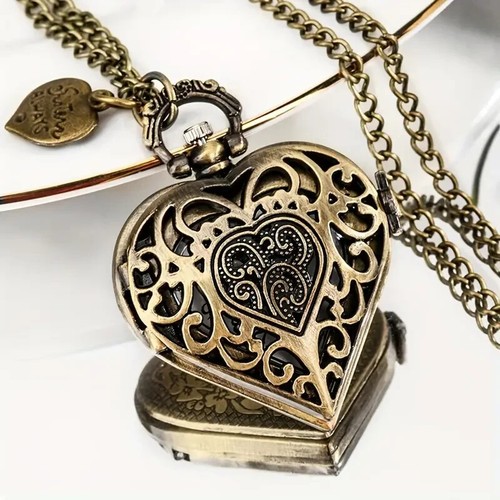 SISTERS ALWAYS Reloj de bolsillo cuarzo forma de corazón collar de bronce regalo