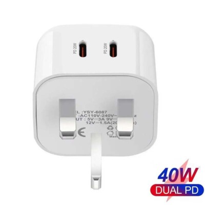 40W Dual PD Type USB-C Fast Charger Plug for iPhone 15 13 12 11 14 Pro Max Plus