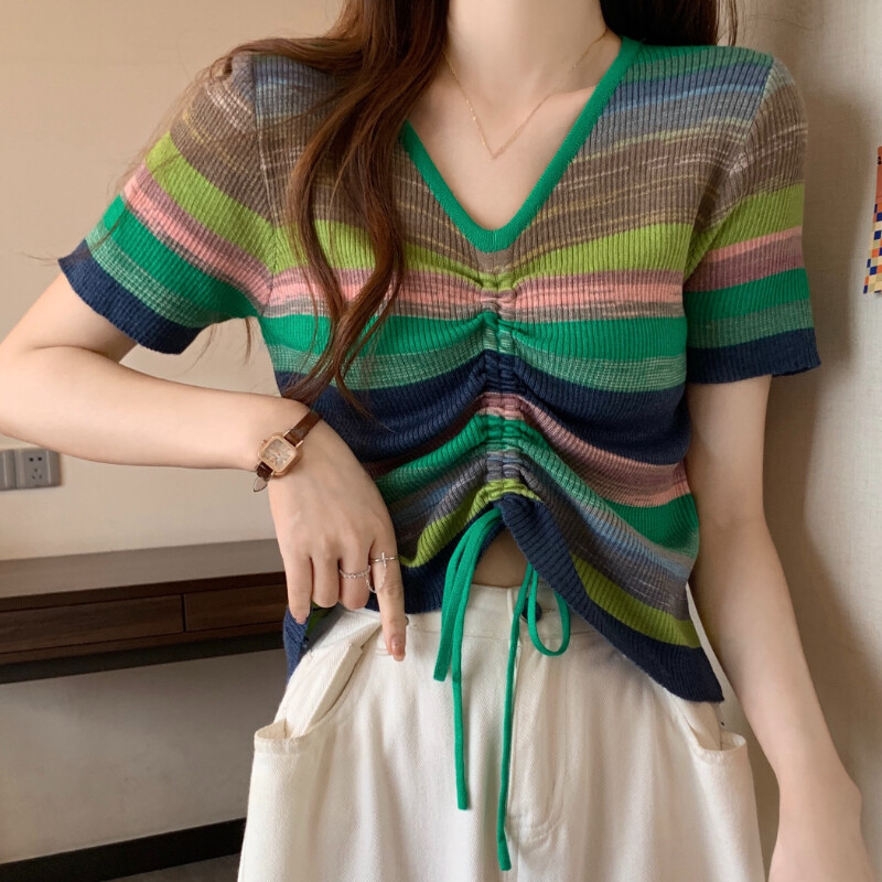 Damen Bunt Gestreift Strick Kurzärmelig V Nacken Rainbow Bauchfreies Top
