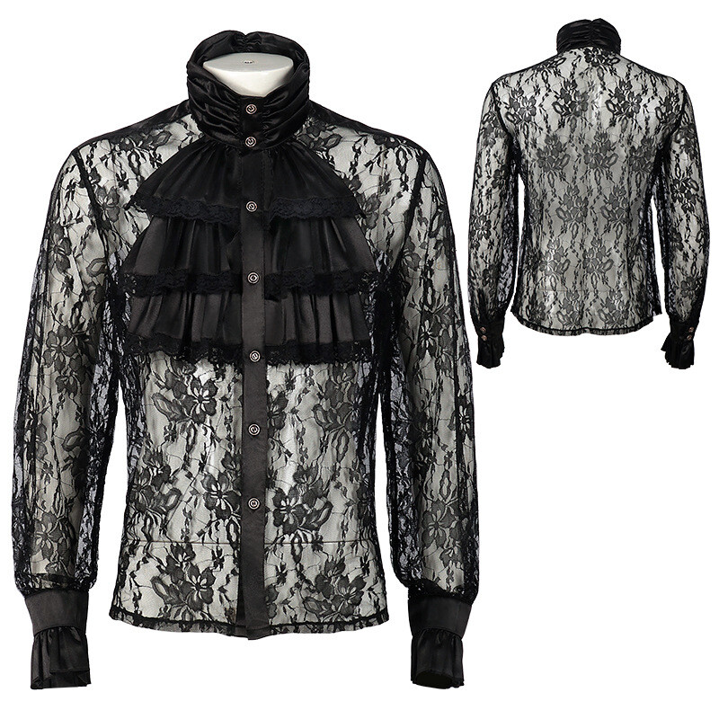 Men Gothic Lace Sheer Ruffle Shirt Top Renaissance Victorian Medieval Steampunk