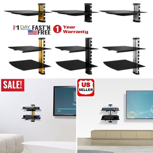 1/2TIER DUAL GLASS SHELF WALL MOUNT UNDER TV CABLE BOX COMPONENT DVR DVD BRACKET