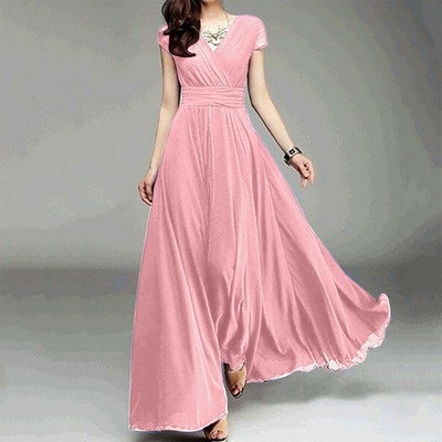 Damen Chiffon Lang Formelle Ball Abend Kleid Party V-Ausschnitt Dress Fashion
