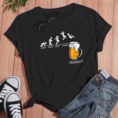 Women Teen Round Neck Happy Friday Beer short sleeve T-Shirt Black (US sizes: M)