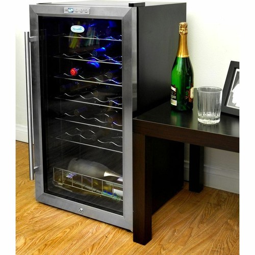 33 Bottle Stainless Steel Wine Cooler, Blue LED Chill Compressor Fridge Cellar
