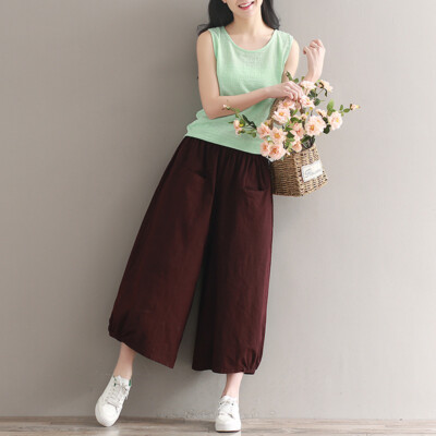 Women Casual Linen Cotton Blend Wide Leg Pants Loose Trousers Bottoms