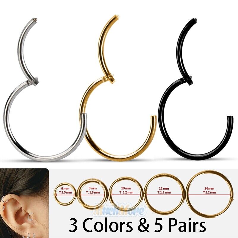 5 Pair Surgical Steel Nose Ring Septum Clicker Hinge Segment Ear Helix Ring Hoop