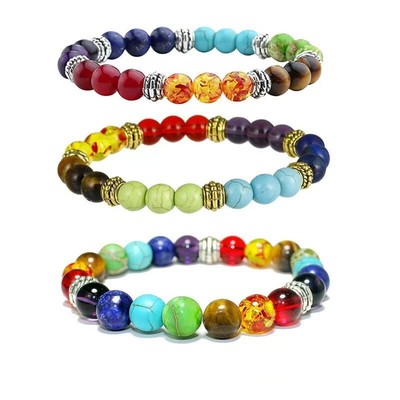 3PCS 7 Chakra Healing Natural Stone Round Gemstone Yoga Energy Beads Bracelet   