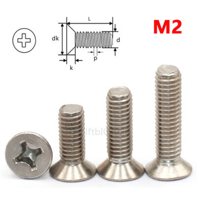 M2 (2mmØ) PHILLIPS MACHINE SCREWS COUNTERSUNK FLAT HEAD BOLTS A2 STAINLESS STEEL
